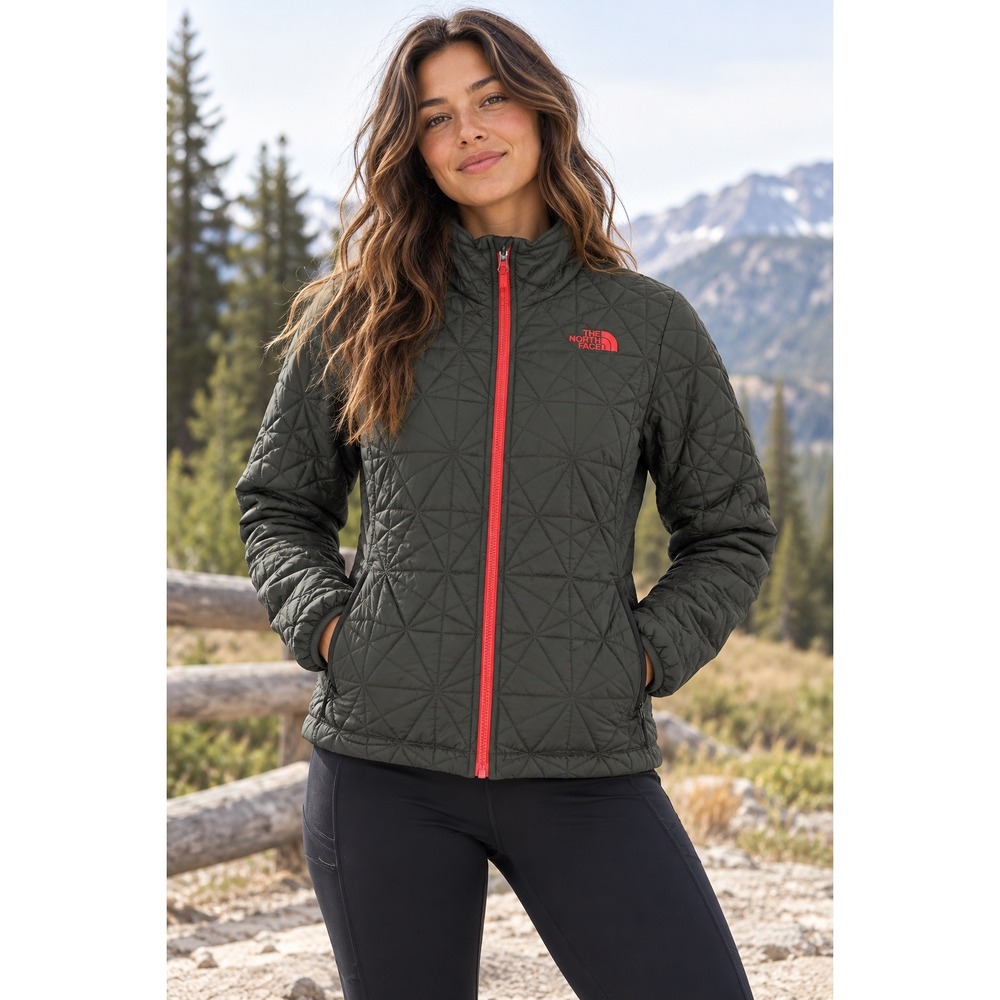 The North Face Thermoball Quilted Jacket Olive Green Orange Zip Womens Medium